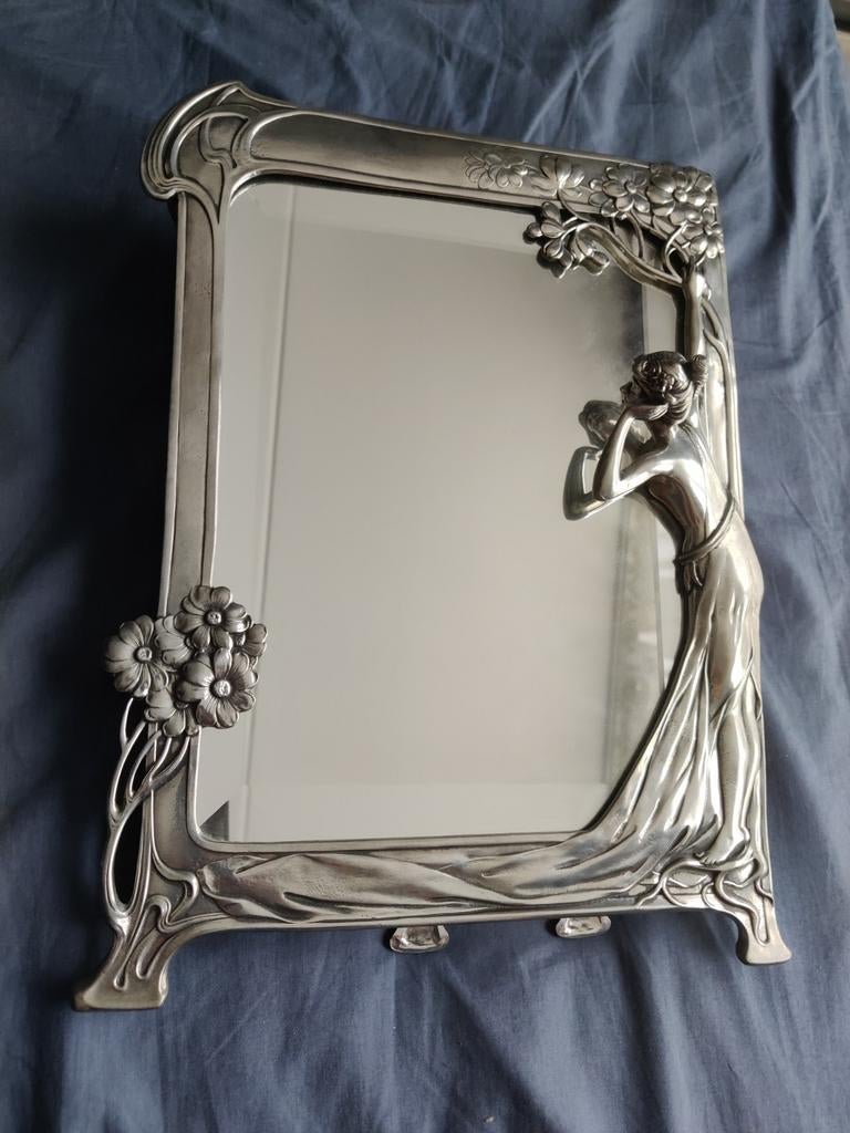 Art nouveau easel mirror echo royal dutch pewter company, Antiek en Kunst, Antiek | Spiegels, Minder dan 50 cm, Rechthoekig, Ophalen of Verzenden