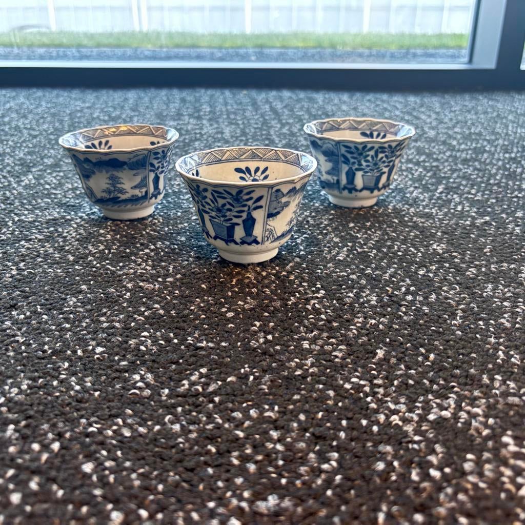 Drie blauw-witte Chinese theekopjes, Ophalen of Verzenden