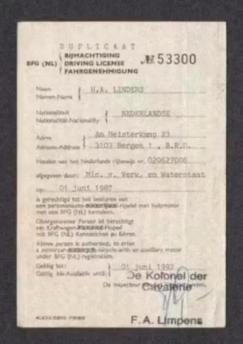 Marechaussee Rijbewijs Auto Moped Linders Bergen BRD 1987, Ophalen of Verzenden, Zo goed als nieuw