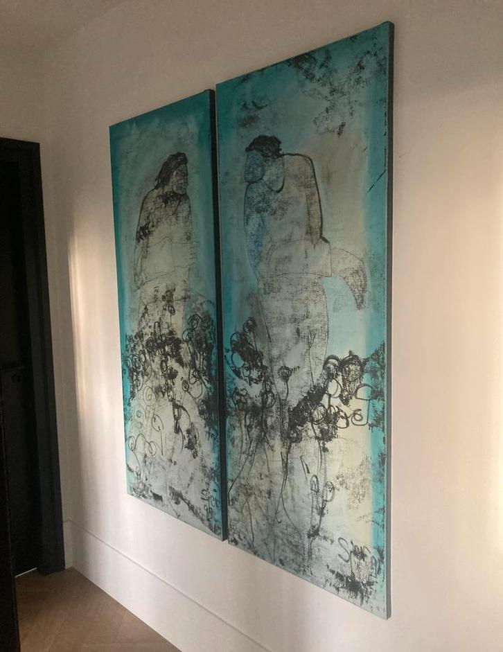 Sjer Jacobs groot twee luik in unieke kleurstelling, Antiek en Kunst, Kunst | Schilderijen | Abstract, Ophalen