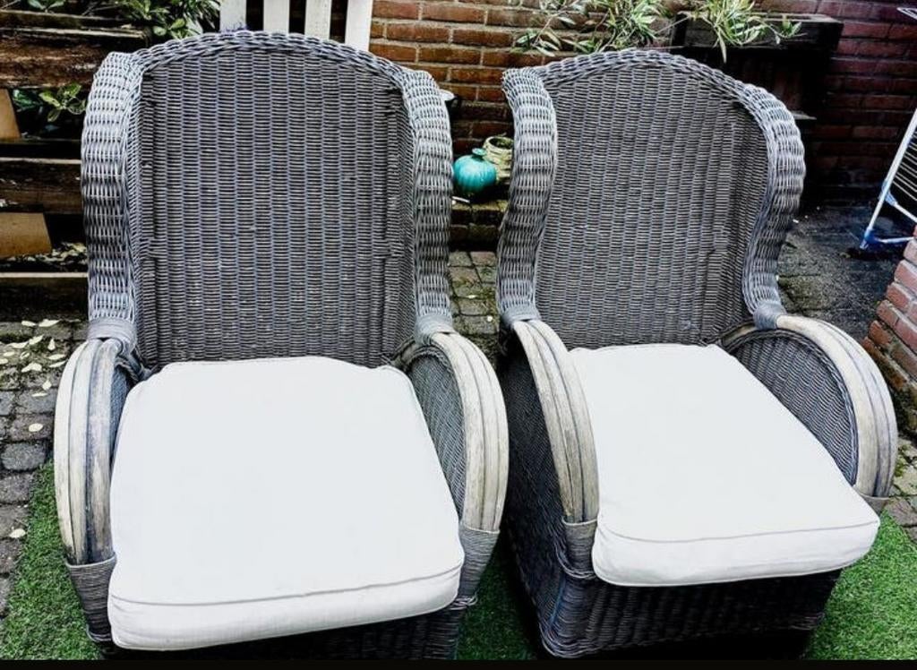 2 Wicker tuinstoelen met kussens - Grijs/Antraciet, Tuin en Terras, Tuinstoelen, Ophalen, Gebruikt, Wicker