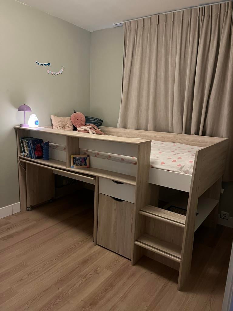 Halfhoogslaper 90x200 cm eiken/wit met bureau, Ophalen, Gebruikt, 90 cm, Eenpersoons