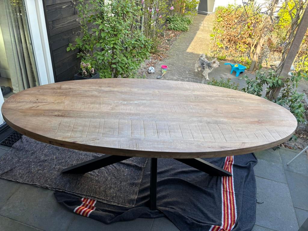Stoere robuuste ovale teak eettafel metalen spinpoot 110x240, Ophalen, 200 cm of meer, Zo goed als nieuw, Vijf personen of meer