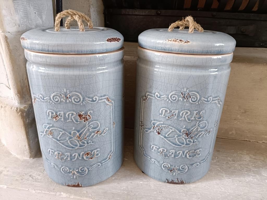 Set van 2 vintage look voorraadpotten 'Paris France', Huis en Inrichting, Ophalen, Zo goed als nieuw