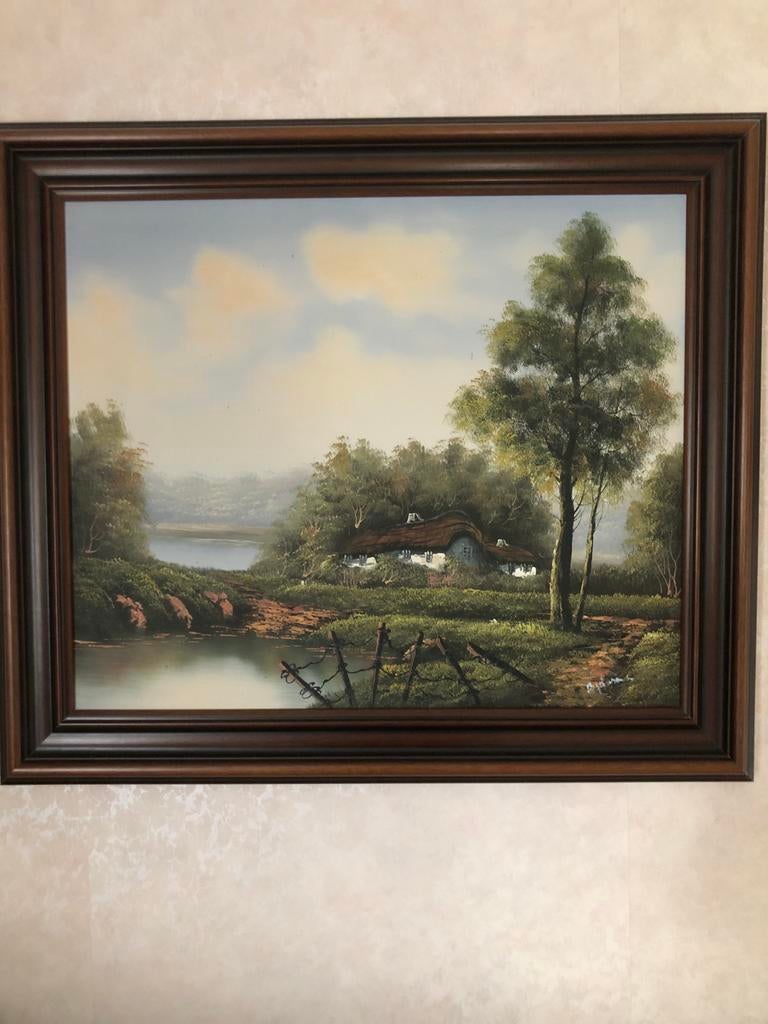 Schilderij met landschap en huisje, 70x60 cm, Antiek en Kunst, Kunst | Schilderijen | Klassiek, Ophalen of Verzenden