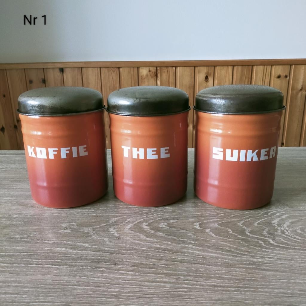 EMAILLE GEVLAMDE/TERRACOTTA BUSSENSET., Antiek en Kunst, Antiek | Emaille, Ophalen of Verzenden