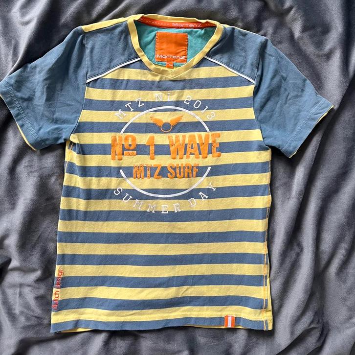Leuk Mortenz T-shirt mt 134/140 geel grijs gestreept Dutch, Kinderen en Baby's, Kinderkleding | Maat 134, Zo goed als nieuw, Jongen