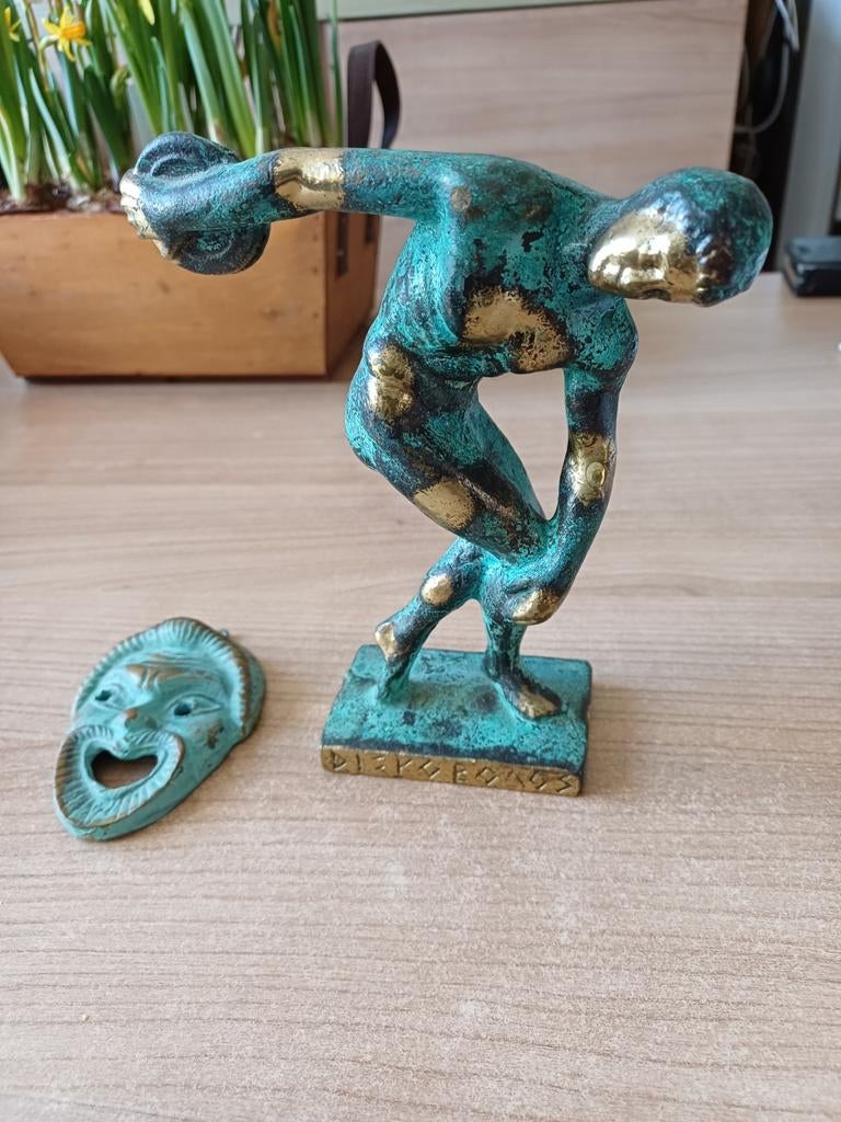 Bronzen beeld v. discuswerper met masker, Antiek en Kunst, Ophalen of Verzenden