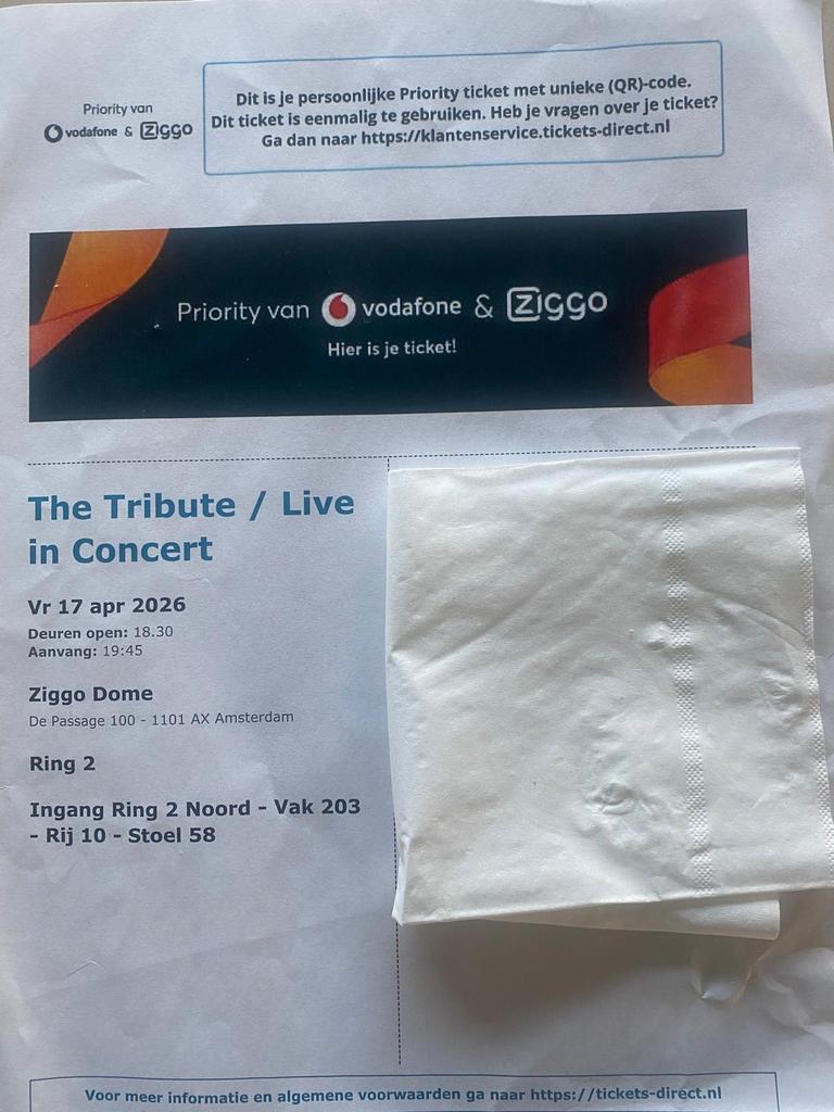 Ticket The Tribute / Live in concert 17 April ziggo Dome, Tickets en Kaartjes, Eén persoon