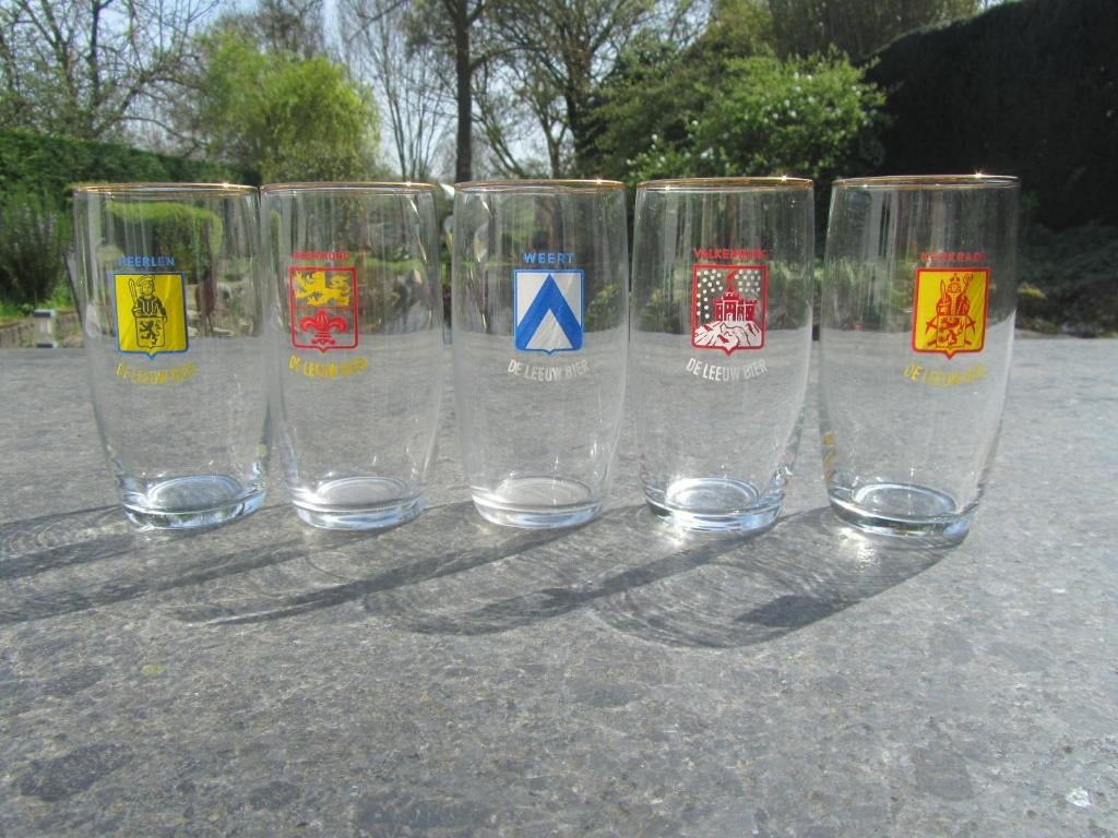 5 LEEUW BIER   GLAZEN   steden serie, Ophalen of Verzenden, Zo goed als nieuw, Glas of Glazen