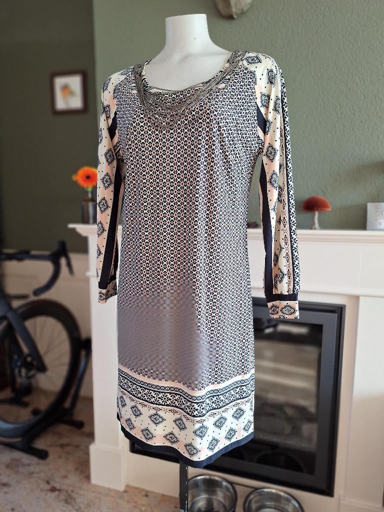 K-Design K design blauw roze crème jurk M 38, Maat 38/40 (M), K-design, Nieuw, Knielengte