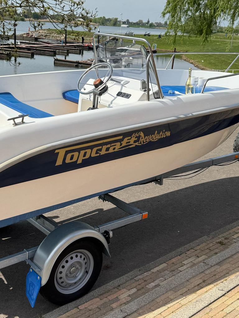 Topcraft 460 revolution inc honda 20pk en trailer!, Watersport en Boten, 10 tot 30 pk, 6 meter of meer, Ophalen of Verzenden, Zo goed als nieuw