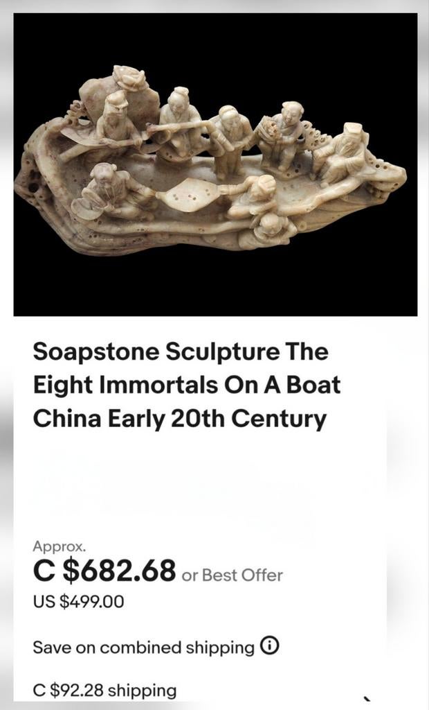 Chinees speksteen beeld: De Acht Onsterfelijken op een boot, Groep mensen, Ophalen of Verzenden, Handgemaakt, 20 - 50 cm
