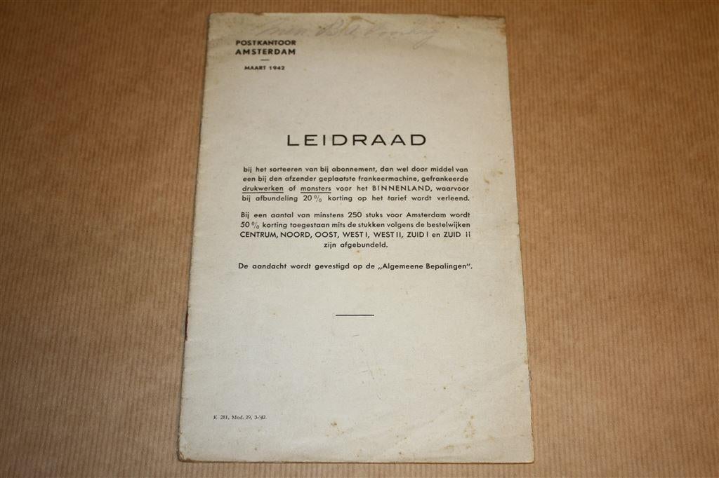 Leidraad sorteeren van post - Postkantoor Amsterdam 1942 !!, Ophalen of Verzenden, Gelezen