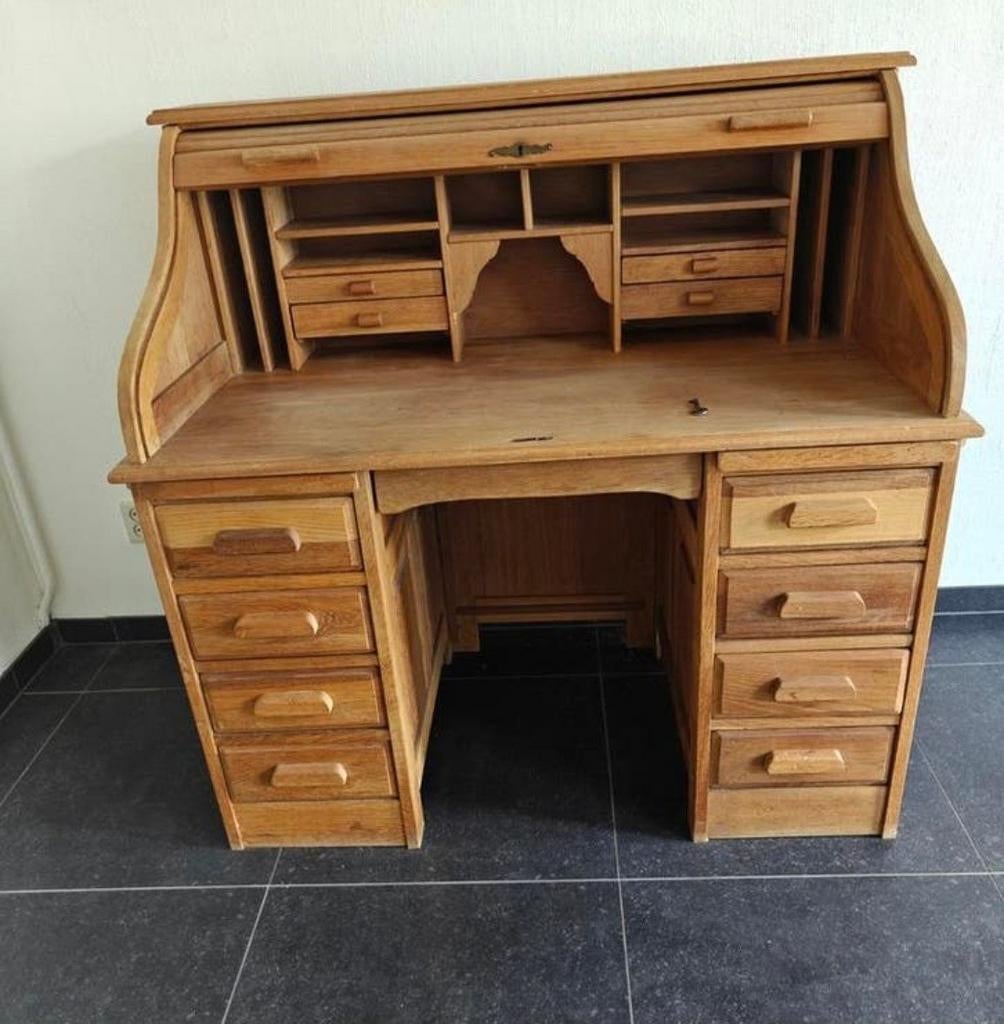 Antiek Cylinder Bureau met Roldeur en 13 Lades, Ophalen