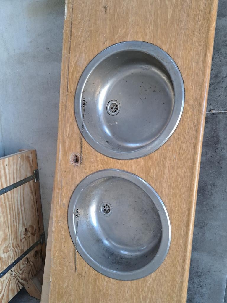 Aanrechtblad met dubbele spoelbakken wasbakken  eiken fineer, Ophalen, Gebruikt, Hout, 20 tot 50 mm