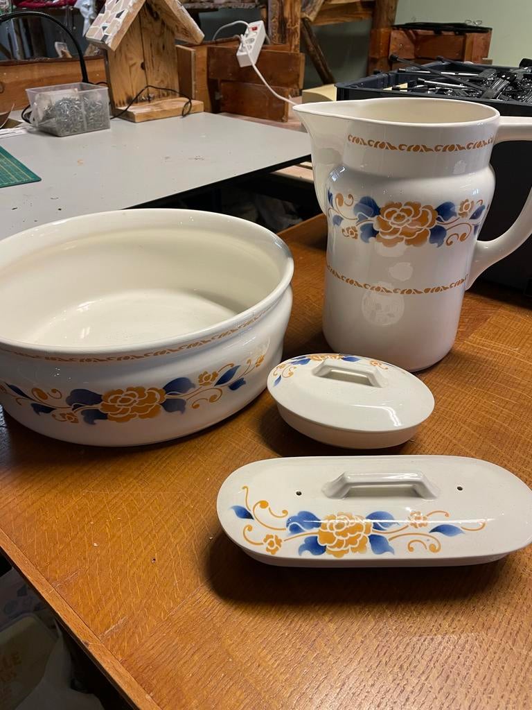 Vintage Lampetset - Aema - Wit met Blauw/Oranje Decor, Ophalen