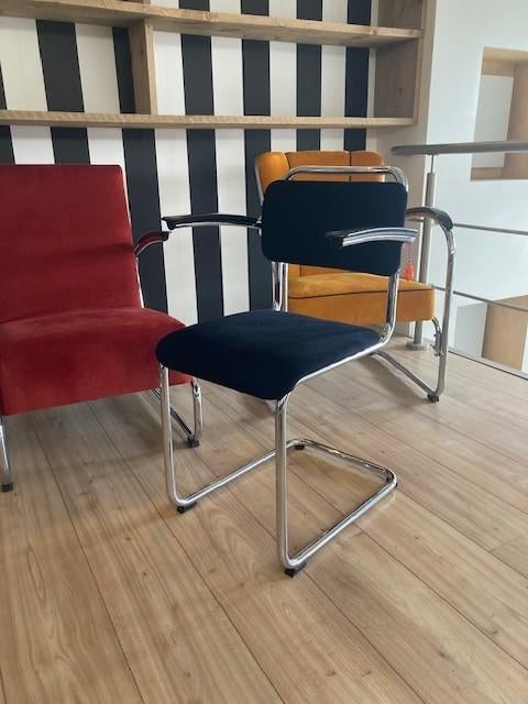 4 Gispen 201 stoelen, chroom, nieuwe zwarte ribstof, Huis en Inrichting, Zwart, Design, Zo goed als nieuw, Nvt