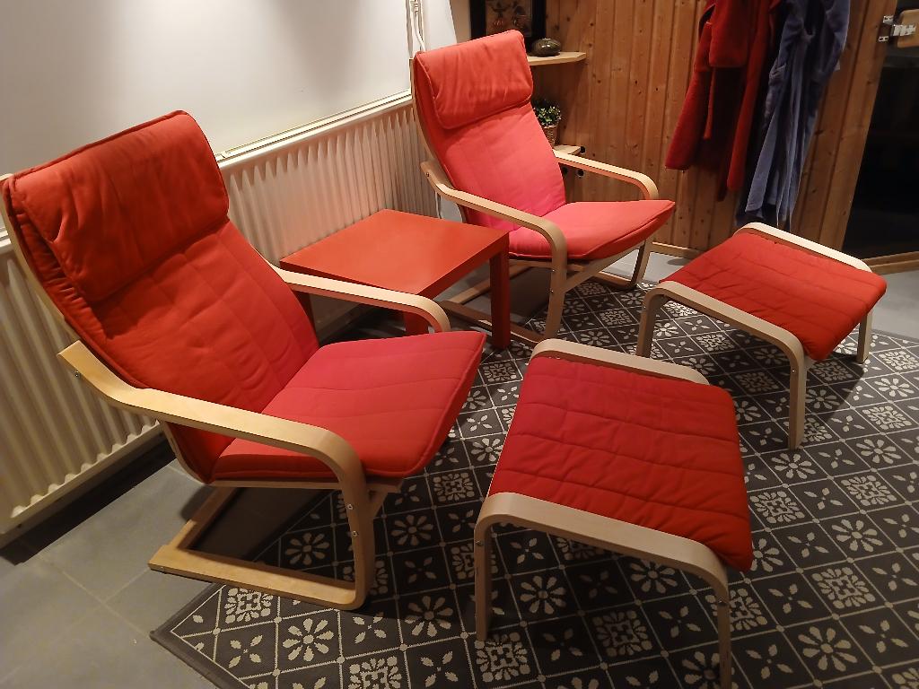 te koop set IKEA fauteuils met voetbankjes en tafel, Ophalen, Gebruikt, 75 tot 100 cm, Stof