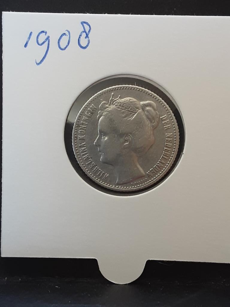 Halve gulden 1908 koningin Wilhelmina, Postzegels en Munten, Munten | Nederland, ½ gulden, Zilver, Ophalen of Verzenden, Koningin Wilhelmina