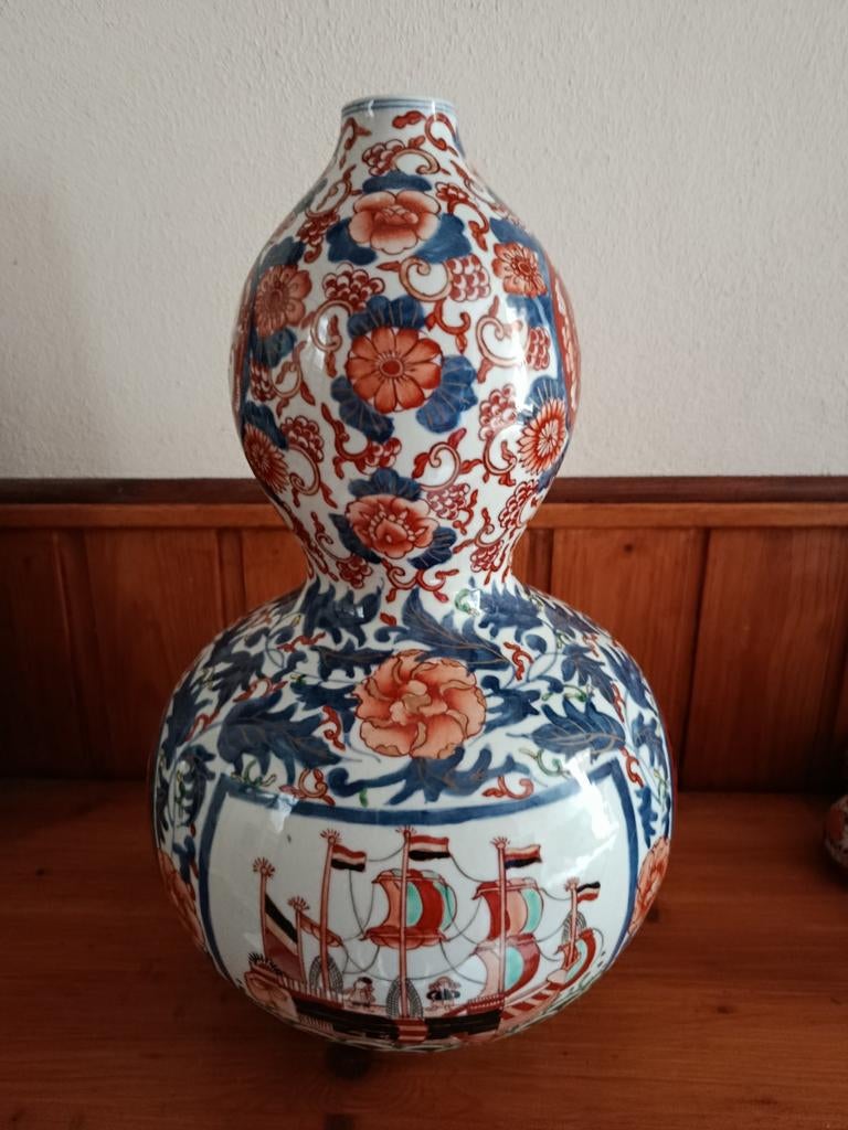 Antieke Kalebas Vaas met Schepen en Figuren, 33 cm, Ophalen of Verzenden