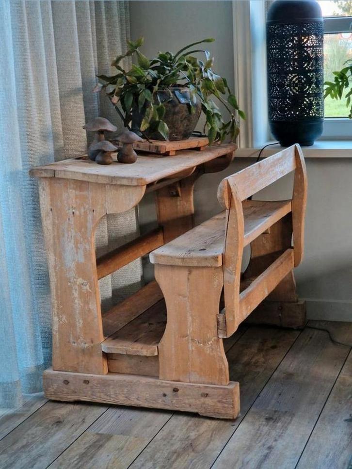 Houten schoolbankje met bankje, Antiek en Kunst, Antiek | Meubels | Tafels, Ophalen of Verzenden