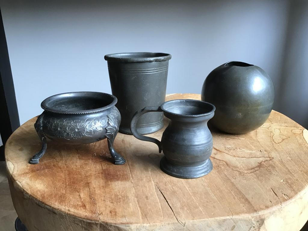 Tinnen pot,tinnen vaasje ,tinnen mini pull,tinnen bakje, Antiek en Kunst, Antiek | Tin, Ophalen