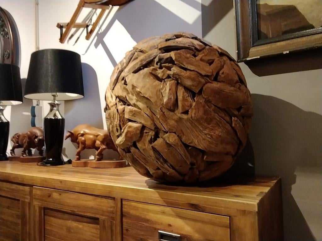 Teak/ drijfhout decoratie bal, Antiek en Kunst, Kunst | Beelden en Houtsnijwerken, Ophalen