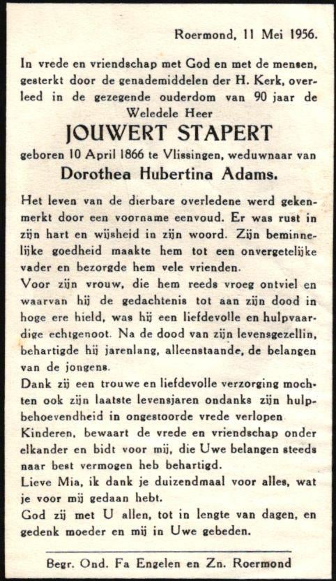 Stapert Jouwert Vlissingen 1866-1956 Roermond, Ophalen of Verzenden