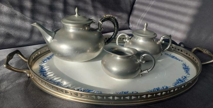 Tinnen theeservies op dienblad, Antiek en Kunst, Antiek | Tin, Ophalen