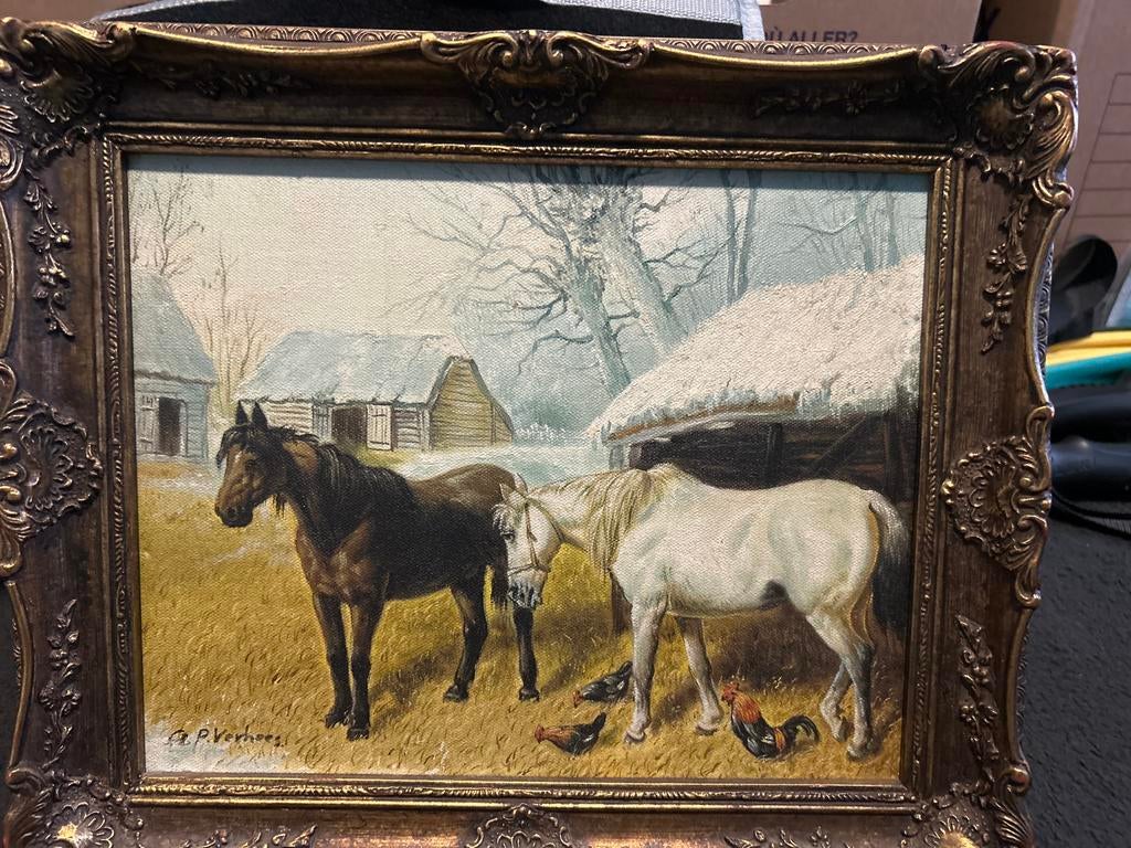 Schilderij met paarden en kippen, Antiek en Kunst, Kunst | Schilderijen | Klassiek, Ophalen of Verzenden