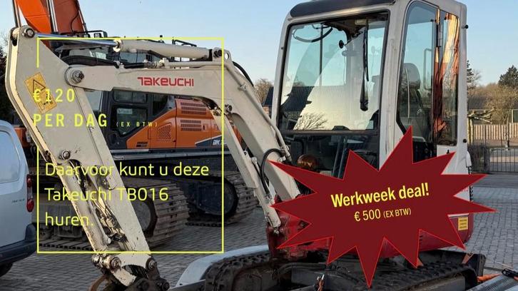 TE HUUR: Mini-graafmachine Takeuchi TB016, Diensten en Vakmensen, Tuinmannen en Stratenmakers, Bestrating, Hekwerk of Schuttingen