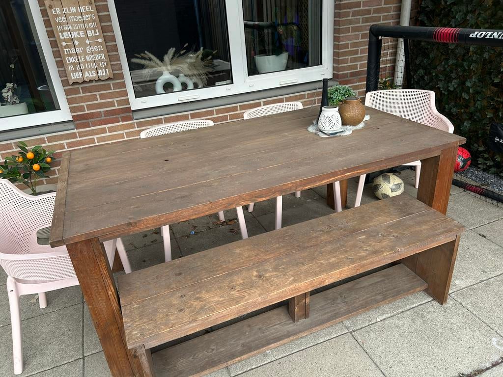 Steigerhouten tuinset met 4 stoelen, Ophalen, Gebruikt, Eettafel, 6 zitplaatsen