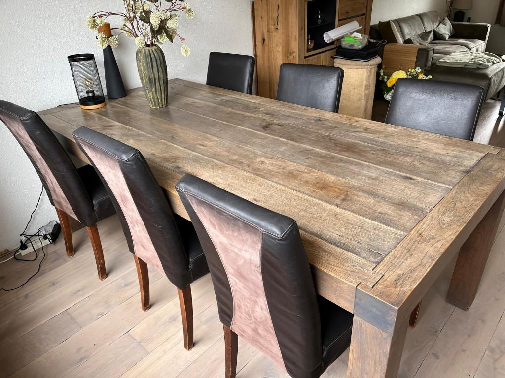 Massief houten eettafel met 6 stoelen, Ophalen, Gebruikt, 100 tot 150 cm, Koloniaal
