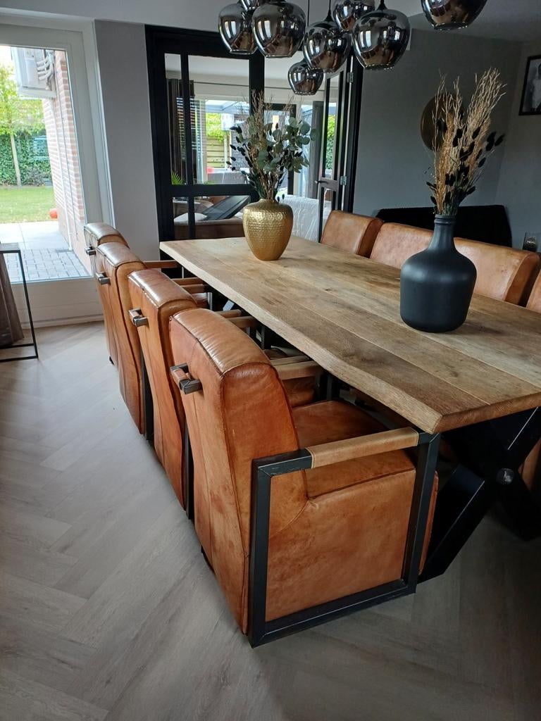 Leren eetkamer stoelen op wieltjes, Huis en Inrichting, Stoelen, Gebruikt, Bruin, Leer, Ophalen of Verzenden