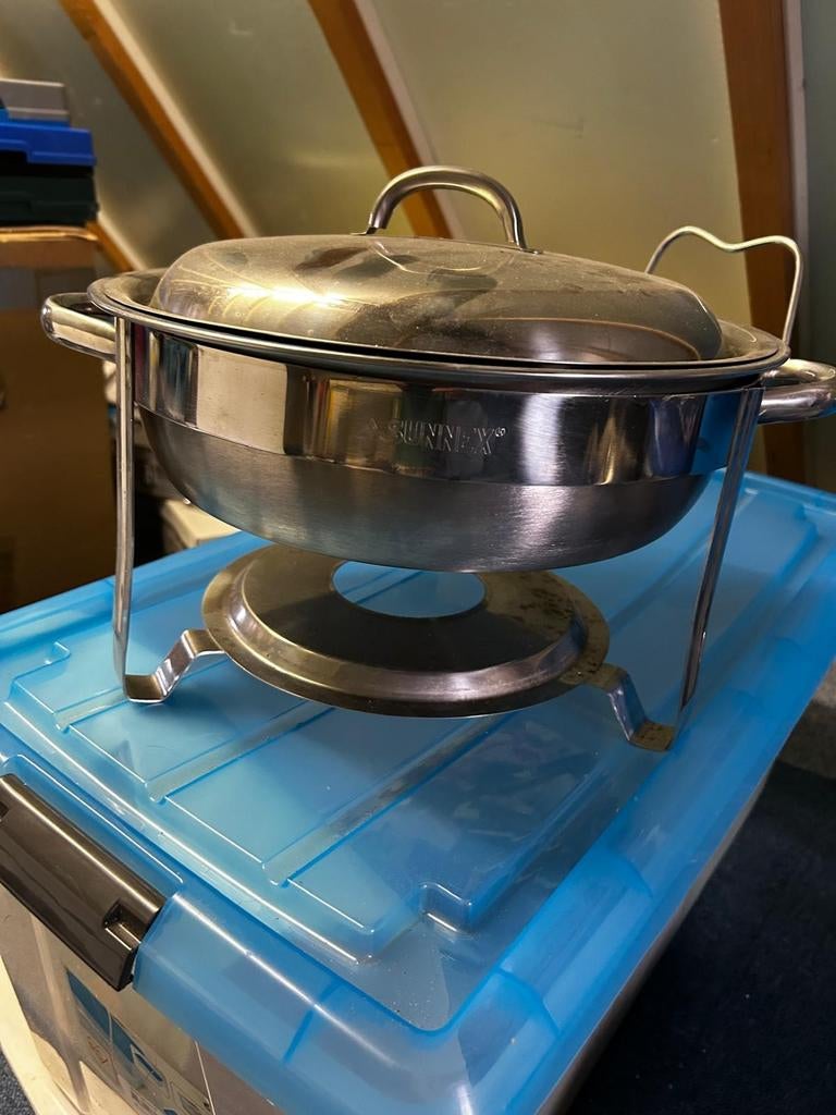 2 x warmhoudpan met brander, Huis en Inrichting, Keuken | Potten en Pannen, Ophalen, Gebruikt, Rvs