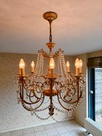 Antieke bronzen kroonluchter met kristallen pegels, 8 lichtp, Huis en Inrichting, Lampen | Kroonluchters, Ophalen, Gebruikt, Glas