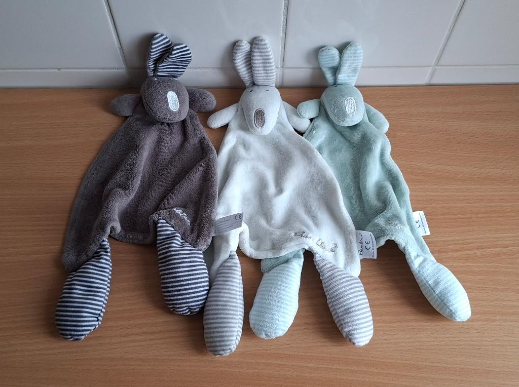3x Knuffeldoekje, Knuffel Bambino Konijn Grijs, Beige, Groen, Ophalen of Verzenden, Zo goed als nieuw, Konijn, Wasbaar