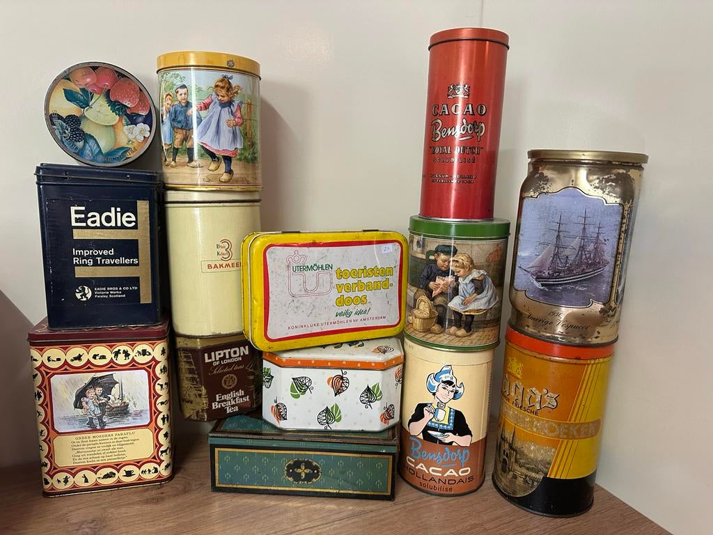 14 Vintage Blikken Verzameling - Nostalgische Decoratie, Verzamelen, Blikken, Ophalen of Verzenden, Gebruikt, Overige, Overige merken
