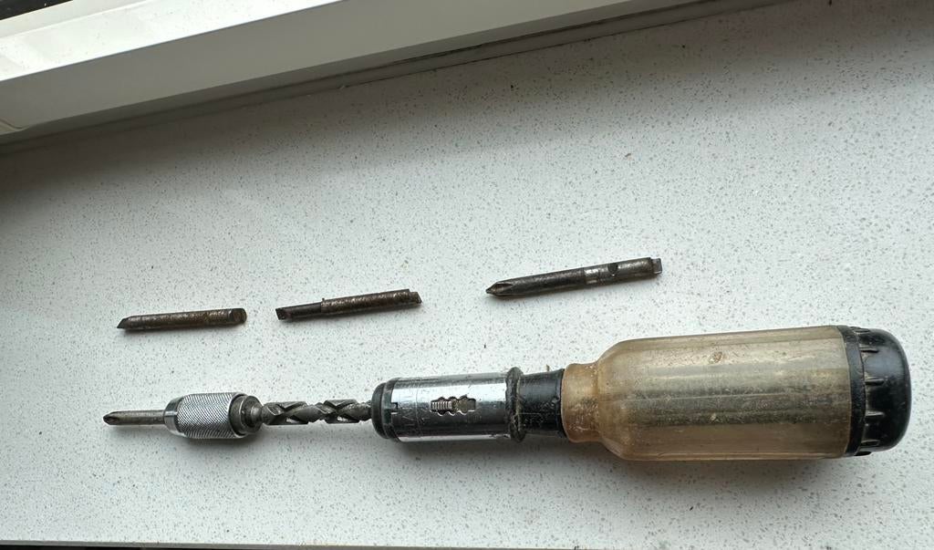 Vintage Stanley 11/427 Ratelschroevendraaier met 3 Bits, Doe-het-zelf en Verbouw, Gereedschap | Handgereedschap, Ophalen of Verzenden