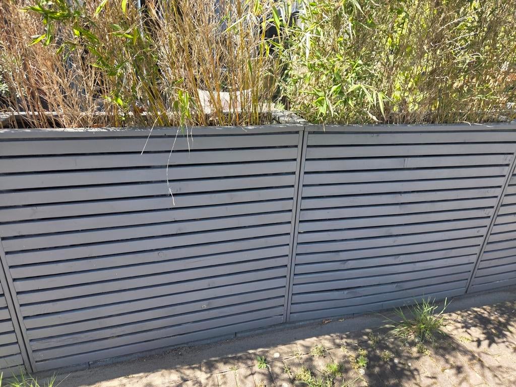 Gratis afhalen 3 grijze houten plantenbakken 113x30, Tuin en Terras, Ophalen, Gebruikt, Rechthoekig, Hout