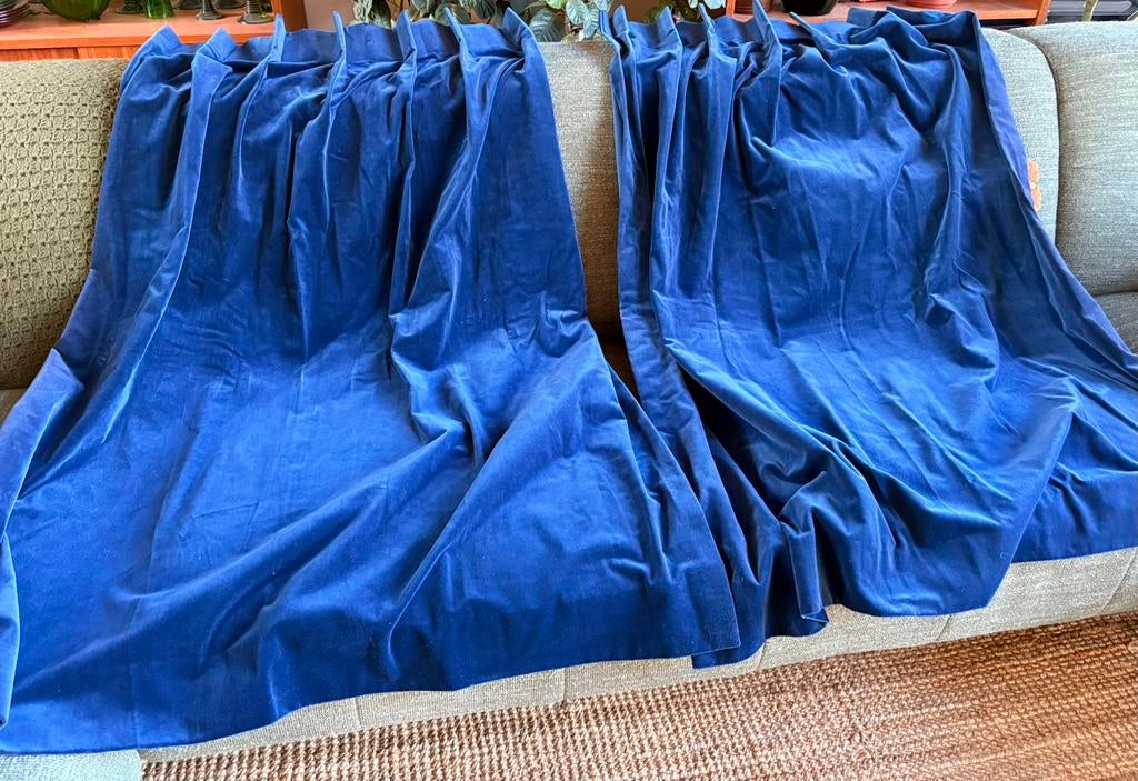 Vintage velours gordijnen koningsblauw 💙 130 br x 122 h💙, Vintage, retro, Gebruikt, 100 tot 150 cm, Ophalen of Verzenden