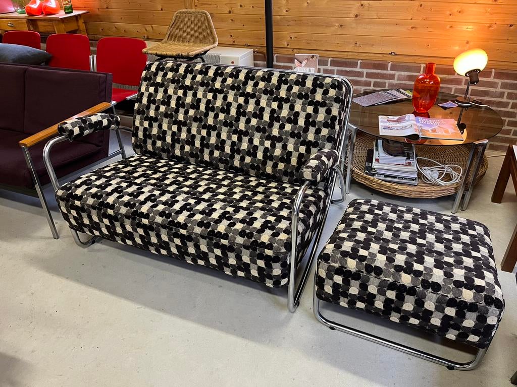 Aanbieding Dyker Vis tweezitsbank & hocker. A. Lorenz design, Tweepersoons, Ophalen of Verzenden, Zo goed als nieuw, Overige materialen