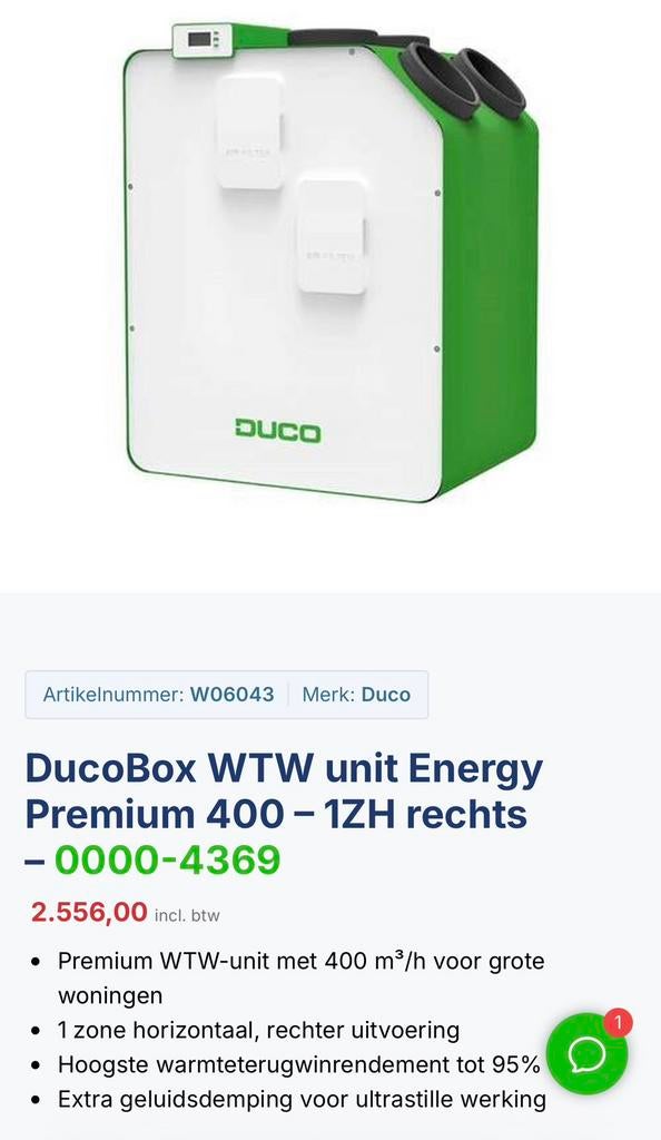 DucoBox WTW unit Energy Premium 400 – 1ZH rechts, Doe-het-zelf en Verbouw, Ophalen, Nieuw, Ventilator en Afzuiger