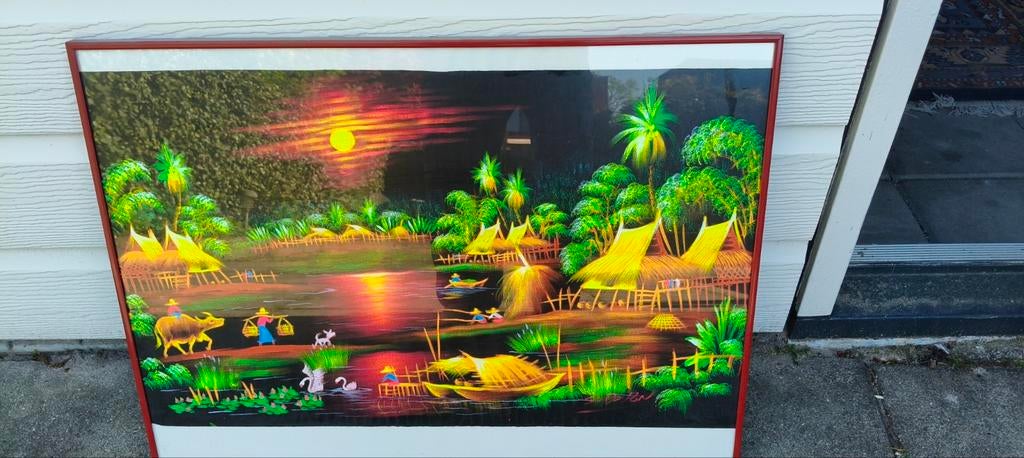 Vintage Aziatisch Fluweel Schilderij - Tropisch Dorp, Antiek en Kunst, Kunst | Schilderijen | Klassiek, Ophalen