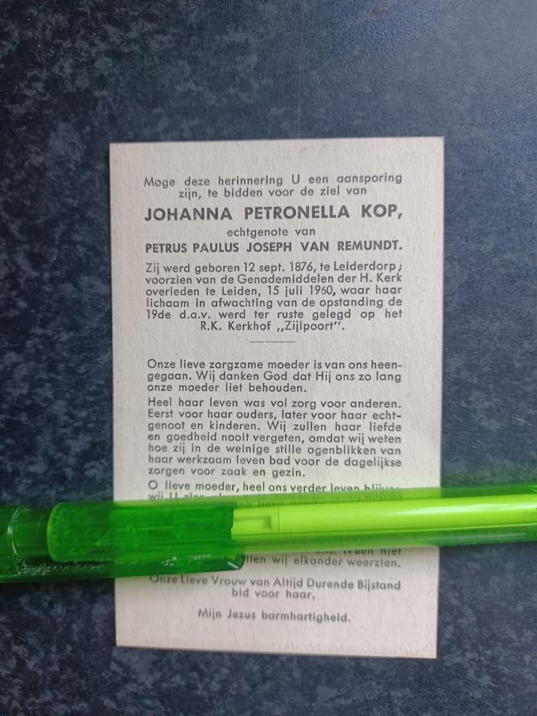 Bidprentje Leiderdorp Leiden Johanna Kop 1876 1960, Ophalen, Bidprentje