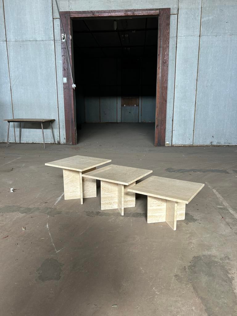 Set van drie travertin tafels, Huis en Inrichting, Tafels | Salontafels, Ophalen, 50 tot 100 cm, Rond, 50 tot 100 cm