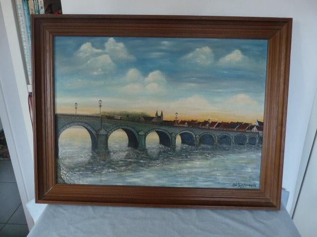  Mooi schilderij oude maasbrug in Maastricht van Sijstermans, Gebruikt, Ophalen of Verzenden, Schilderij, 75 tot 100 cm