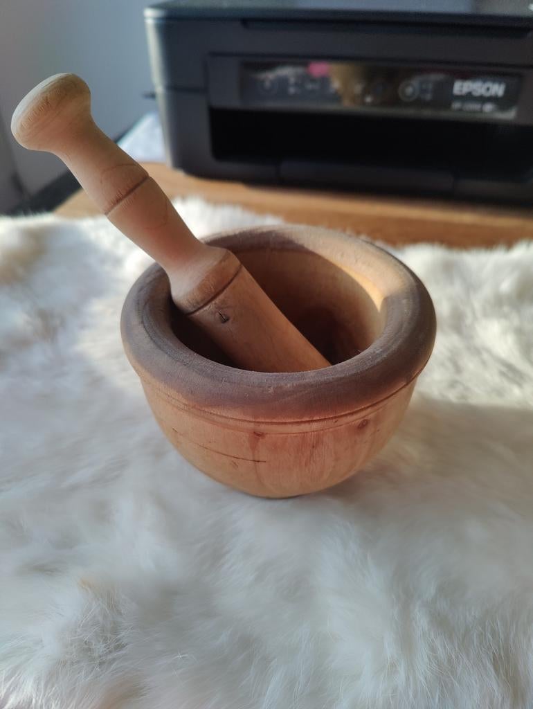 Vintage houten vijzel met stamper, Ophalen of Verzenden