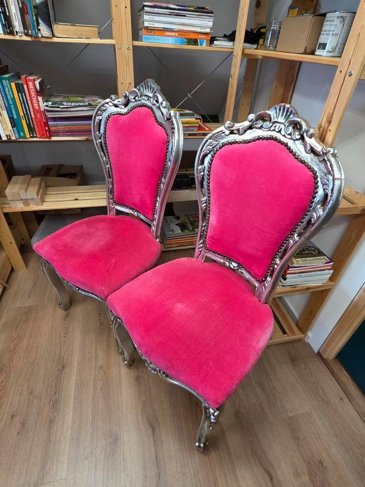 Barok Eetkamerstoelen - Zwart & Roze - Set van 2, Huis en Inrichting, Stoelen, Gebruikt, Twee, Hout, Stof, Zwart, Ophalen